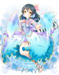  1girl bangs barefoot blue_hair blush butterfly_hair_ornament commentary_request eyebrows_visible_through_hair feathered_wings flower full_body hair_flower hair_ornament long_hair looking_at_viewer love_live! love_live!_school_idol_festival love_live!_school_idol_project microphone neck_ribbon ratryu ribbon shorts smile solo sonoda_umi wings x_hair_ornament 