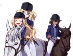  3girls andou_(girls_und_panzer) bangs black_hair black_hat blonde_hair blue_eyes blue_jacket brown_eyes closed_mouth commentary dark_skin dress_shirt equestrian eyebrows_visible_through_hair girls_und_panzer hat high_collar horse jacket long_hair looking_at_another marie_(girls_und_panzer) medium_hair multiple_girls open_mouth oshida_(girls_und_panzer) pants reins riding saddle shirt shutou_mq sitting smile white_pants white_shirt wind 