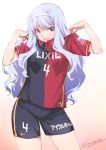  1girl artist_name blush clothes_writing hairband highres idolmaster idolmaster_(classic) inoue_sora j._league kashima_antlers long_hair looking_at_viewer nike open_mouth shijou_takane short_sleeves shorts signature silver_hair simple_background smile soccer soccer_uniform solo sportswear twitter_username violet_eyes 