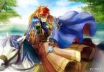  1boy 1girl ane-suisei armor blue_eyes blue_hair blush cape couple dress fire_emblem fire_emblem:_fuuin_no_tsurugi forest gloves hat hetero horse jewelry lilina long_hair nature ocean redhead roy_(fire_emblem) short_hair sky smile 