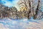  blue_sky clouds cloudy_sky commentary commentary_request cxykinya day landscape nature original outdoors scenery sky snow traditional_media tree watercolor_(medium) winter 