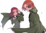  2girls adjusting_hair alternate_costume bangs black_bow black_legwear black_skirt blue_eyes bow braid brown_eyes cape closed_mouth commentary cup dress_shirt eyebrows_visible_through_hair from_behind from_side frown girls_und_panzer green_cape green_jacket hair_bow holding jacket long_sleeves looking_at_another looking_back miniskirt multiple_girls necktie orange_hair orange_pekoe parted_bangs parted_lips pleated_skirt redhead rosehip shirt short_hair shutou_mq skirt standing teacup tied_hair twin_braids white_background white_shirt wind 