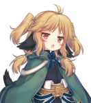  1girl ahoge animal_ears annoyed brown_hair cape character_request detached_sleeves jiang-ge long_hair looking_at_viewer open_mouth red_eyes simple_background solo tail twintails white_background 