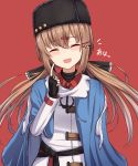  1girl ^_^ ^o^ black_gloves black_hat brown_eyes brown_hair closed_eyes fingerless_gloves gloves hair_between_eyes hair_ornament hairclip hat highres kantai_collection long_hair long_sleeves open_mouth rabochicken red_background simple_background smile solo tashkent_(kantai_collection) twintails 