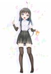  1girl arm_warmers asashio_(kantai_collection) black_hair black_legwear blue_eyes cup full_body gotou_hisashi highres kantai_collection long_hair mug open_mouth shirt short_sleeves skirt solo standing suspenders thigh-highs toothbrush white_shirt 