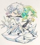  4813134260 absurdres androgynous antarcticite chibi cleaver expressionless gem_uniform_(houseki_no_kuni) green_eyes green_hair grey_eyes high_heels highres holding holding_sword holding_weapon houseki_no_kuni ice ice_floe katana phosphophyllite short_hair silver_hair smile sparkle sword traditional_media weapon 