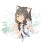  1girl ;) aeng_dyu animal_ears bangs bare_shoulders bell bell_choker blush bra brown_hair cat_ears choker eyebrows_visible_through_hair frilled_bra frills hair_tie hairdressing head_tilt highres jingle_bell leaf leaf_background long_hair looking_at_viewer low_twintails one_eye_closed original signature slit_pupils smile solo tareme twintails underwear upper_body white_bra wrist_cuffs yellow_eyes 