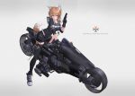  1girl animal_ears auburn_hair fox_ears fox_girl fox_tail ground_vehicle gun handgun highres holding holding_gun holding_weapon looking_at_viewer mivit motor_vehicle motorcycle original pistol science_fiction shorts smile tail thigh-highs weapon white_background 