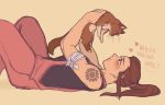  1girl bare_arms blush brigitte_(overwatch) brown_hair camisole cat english freckles from_side grey_eyes heart highres holding holding_cat long_hair looking_at_another lying murasaki-yuri on_back overalls overwatch ponytail shoulder_tattoo simple_background tattoo 