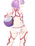  1girl adjusting_clothes adjusting_swimsuit ass back bangs bare_back bare_shoulders bikini blunt_bangs blush bow detached_sleeves dimples_of_venus eyebrows_visible_through_hair fate/grand_order fate_(series) hair_bow headwear_removed helena_blavatsky_(swimsuit_archer)_(fate) helmet helmet_removed legs_apart long_sleeves looking_at_viewer p_answer parted_lips profile shiny shiny_hair short_hair simple_background smile solo standing swimsuit thigh-highs watermark web_address white_background white_bikini white_legwear 