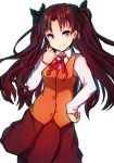  1girl breasts brown_hair closed_mouth eyebrows_visible_through_hair fate/stay_night fate_(series) hair_ribbon hand_on_hip light_smile long_hair looking_at_viewer medium_breasts orihiro0614 pantyhose ribbon simple_background solo standing tohsaka_rin violet_eyes white_background 