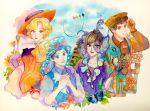  2boys 2girls anemone_(anemoneko) black_hair blue_eyes blue_sky brown_hair butterfly carlotta_mariposa choker disney dress fashionable_easter frills gears gloria_de_mode hat highres hugo_verjules kite multiple_boys multiple_girls orange_eyes p.a._ocean_seamarine short_hair sky strapless strapless_dress top_hat upper_body violet_eyes waistcoat 