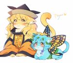  :3 animal animalization black_hat blue_fur butterfly_wings caramell0501 cat closed_mouth clothed_animal eternity_larva full_body hat lead matara_okina multicolored multicolored_wings navel no_humans red_eyes simple_background smile tabard touhou whiskers white_background wings yellow_eyes yellow_fur 