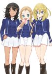  3girls andou_(girls_und_panzer) arm_grab bangs bc_freedom_military_uniform black_footwear black_hair blonde_hair blue_eyes blue_jacket blue_vest boots brown_eyes closed_mouth commentary_request dark_skin dress_shirt drill_hair fan folding_fan frown girls_und_panzer green_eyes hand_on_hip high_collar holding jacket knee_boots long_hair long_sleeves looking_at_viewer marie_(girls_und_panzer) medium_hair military military_uniform miniskirt multiple_girls no_hat no_headwear open_mouth oshida_(girls_und_panzer) pleated_skirt shirt shutou_mq simple_background skirt smile smirk standing uniform vest white_background white_shirt white_skirt 