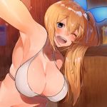  1girl ;d amakaze arm_support armpits bare_shoulders bikini bikini_top blonde_hair blue_eyes blue_ribbon blush breasts cleavage eyebrows_visible_through_hair glowing hair_ribbon indoors large_breasts leaning_forward lips long_hair looking_at_viewer mirai_akari mirai_akari_project navel one_eye_closed open_mouth outstretched_arm ribbon round_teeth self_shot shiny shiny_hair shiny_skin sidelocks smile solo swimsuit teeth very_long_hair white_bikini wooden_wall 