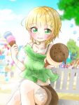 1girl :3 bare_shoulders bench blonde_hair blouse blue_sky blurry blush bracelet clouds collarbone day depth_of_field eyebrows_visible_through_hair feet_out_of_frame food foreshortening giving green_blouse green_eyes ice_cream ice_cream_cone idolmaster idolmaster_cinderella_girls jewelry knees_together looking_at_viewer marieshi midriff miyamoto_frederica necklace outdoors shadow short_hair shorts sitting sky sleeveless_blouse smile solo tree 