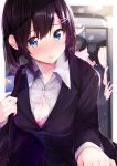  1girl absurdres bag black_hair blue_eyes blush breasts cleavage formal hair_ornament hairclip highres looking_at_viewer mole mole_on_breast office_lady original rouka_(akatyann) short_hair solo_focus tears train_interior 