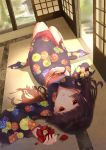  1girl artist_name black_hair bracelet dated dutch_angle enma_ai floral_print flower highres indoors jewelry jigoku_shoujo long_hair looking_at_viewer lying on_back red_eyes solo youzixiaoming 