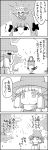  4koma animal_ears bangs bow braid cat_ears cat_tail comic commentary_request eyebrows_visible_through_hair greyscale hair_bow hair_ribbon hat hat_bow highres kaenbyou_rin lily_white long_hair minigirl monochrome moriya_suwako multiple_tails on_head person_on_head ribbon short_hair shouting smile tail tani_takeshi touhou translation_request tree twin_braids wide_sleeves yukkuri_shiteitte_ne 