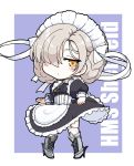  1girl apron azur_lane black_dress blush boots braid breasts chains character_name chibi closed_mouth commentary_request cross dress full_body garter_straps grey_footwear hair_over_one_eye hydrock juliet_sleeves knee_boots latin_cross light_brown_hair long_sleeves looking_at_viewer maid maid_headdress puffy_sleeves sheffield_(azur_lane) small_breasts solo thigh-highs white_apron white_legwear yellow_eyes 