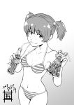  1girl alisa_(girls_und_panzer) artist_name bangs bikini breasts character_name closed_mouth coca-cola collarbone cowboy_shot dated drinking drinking_straw eyebrows_visible_through_hair freckles girls_und_panzer goshaku_tama gradient gradient_background greyscale hair_ornament holding looking_at_viewer medium_breasts monochrome mouth_hold short_hair short_twintails signature smile soda_bottle solo standing star star_hair_ornament string_bikini striped striped_bikini swimsuit twintails 