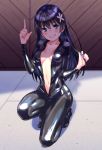  1girl :d bangs black_bodysuit black_hair blue_eyes bodysuit breasts collarbone day flower full_body grin hair_flower hair_ornament holding holding_hair index_finger_raised latex long_hair looking_at_viewer on_floor one_knee open_clothes open_mouth raika9 saten_ruiko shadow shiny shiny_clothes shiny_hair small_breasts smile solo straight_hair sunlight teeth to_aru_kagaku_no_railgun to_aru_majutsu_no_index twitter_username very_long_hair 