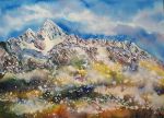  blue_sky clouds cloudy_sky commentary commentary_request cxykinya day landscape mountain nature original outdoors scenery sky snow snowing traditional_media watercolor_(medium) winter 