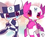 /\/\/\ 1boy 1girl 2020_summer_olympics blue_eyes clenched_hand full_body mascot miraitowa no_humans olympics open_mouth red_eyes signature smile someity star