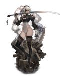  1girl absurdres black_legwear blindfold boots commentary full_body hairband highres holding holding_weapon juliet_sleeves leotard long_sleeves nier_(series) nier_automata puffy_sleeves short_hair solo sword thigh-highs thigh_boots weapon white_hair yasuda_akira yorha_no._2_type_b 