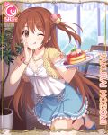  1girl ;p brown_eyes brown_hair cake card_(medium) cygames dessert food hair_bobbles hair_ornament jewelry long_hair macaron necklace official_art one_eye_closed princess_connect! sakurai_nozomi_(princess_connect) tongue tongue_out two_side_up 