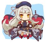  1girl azur_lane bangs bare_shoulders beret black_legwear blue_background blue_cape blue_dress blue_hat blunt_bangs blush cannon cape chibi closed_mouth commentary detached_sleeves dress eyebrows_visible_through_hair frilled_dress frills full_body gloves grey_hair hat holding holding_sheath hydrock iron_cross long_hair long_sleeves looking_at_viewer mole mole_under_eye puffy_long_sleeves puffy_sleeves red_footwear ribbon saber_(weapon) sheath sheathed sidelocks sleeveless sleeveless_dress socks solo standing sword turret two-tone_background very_long_hair weapon white_background white_gloves white_ribbon yellow_eyes z46_(azur_lane) 