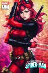  1girl cosplay deadpool deadpool_(cosplay) green_eyes highres marvel mary_jane_watson redhead stanley_lau 