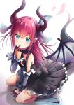  1girl :o asymmetrical_horns bangs black_dress black_wings blue_eyes blurry blush boots buckle curled_horns depth_of_field detached_sleeves dragon_girl dragon_horns dragon_tail dragon_wings dress elizabeth_bathory_(fate) elizabeth_bathory_(fate)_(all) eyebrows_visible_through_hair fate/extra fate/extra_ccc fate_(series) finger_to_mouth flat_chest frilled_dress frills from_above full_body hair_between_eyes hand_up heart high_heel_boots high_heels highres horns knee_boots long_hair looking_at_viewer on_floor pink_hair pointy_ears reflective_floor renka_(cloudsaikou) shiny shiny_hair short_dress sidelocks simple_background sitting solo tail two_side_up wariza white_background wings wrist_cuffs 