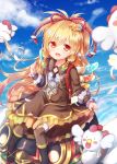  1girl :d animal_ears backpack bag baram beads bird blonde_hair blue_sky brown_dress chicken clenched_hand clouds commentary dress frilled_dress frills granblue_fantasy hair_beads hair_ornament harvin long_hair looking_at_viewer makira_(granblue_fantasy) open_mouth red_eyes sitting skirt_hold sky smile solo thigh-highs very_long_hair 