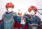  2boys armor artist_request blue_eyes cape eliwood_(fire_emblem) father_and_son fire_emblem fire_emblem:_fuuin_no_tsurugi fire_emblem:_rekka_no_ken fire_emblem_heroes headband highres male_focus mamkute multiple_boys redhead roy_(fire_emblem) short_hair simple_background smile 