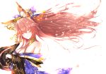  1girl absurdres animal_ears bare_shoulders bell breasts cleavage detached_sleeves fate/grand_order fate_(series) fox_ears hair_ribbon highres japanese_clothes large_breasts long_hair looking_at_viewer ls08b off_shoulder one_eye_closed pink_hair ribbon tamamo_(fate)_(all) tamamo_no_mae_(fate) yellow_eyes 