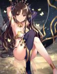  1girl anklet armlet armpits arms_behind_head arms_up asymmetrical_legwear asymmetrical_sleeves bangs bare_shoulders black_ribbon breasts brown_hair butterfly commentary_request crown earrings elbow_gloves fate/grand_order fate_(series) gloves hair_ribbon heavenly_boat_maanna highres hoop_earrings ishtar_(fate/grand_order) jewelry long_hair looking_at_viewer medium_breasts neck_ring parted_bangs parted_lips red_eyes ribbon rin_yuu signature single_elbow_glove single_thighhigh sitting solo thigh-highs toeless_legwear two_side_up 