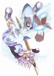  1girl adapted_costume advent_cirno blue_eyes crossover froslass hat highres holding ice lavender_hair letty_whiterock long_sleeves master_ball open_mouth poke_ball pokemon pokemon_(creature) pori shoes sparkle sword touhou upside-down weapon white_background white_hat yellow_sclera 