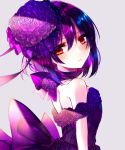 1girl bangs bare_shoulders check-aya_(pixiv1813734) closed_mouth dress expressionless eyebrows_visible_through_hair flower from_behind hair_between_eyes highres looking_back original purple_collar purple_dress purple_flower purple_hair red_eyes short_hair sleeveless sleeveless_dress solo tagme upper_body 