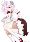  1girl absurdres ahoge azur_lane bare_shoulders blush bolt breasts chocolate chocolate_heart detached_sleeves eyebrows_visible_through_hair heart highres himono large_breasts looking_at_viewer lying mary_janes on_side pink_hair red_eyes shirt shoes short_hair simple_background skirt sleeves_past_wrists smile solo stitches terror_(azur_lane) thighs valentine white_background white_shirt 