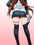  1girl black_legwear bren_ten brown_hair dated feet_out_of_frame from_behind gradient gradient_background gun hand_on_hip handgun head_out_of_frame highres inoue_sora legs long_hair low-tied_long_hair miniskirt nazume_mikuru pink_background pistol pleated_skirt school_uniform shoes skirt solo thigh-highs thigh_strap thighhighs_pull trigger_discipline twintails weapon white_background zero_in 