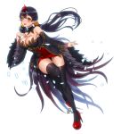  1girl :d absurdres artist_name bad_anatomy bare_shoulders black_hair black_legwear blush breasts brown_eyes cleavage dated detached_sleeves full_body hand_up high_heels highres large_breasts looking_at_viewer open_mouth original pointy_ears red_footwear smile thigh-highs tikeworld twintails wide_sleeves 