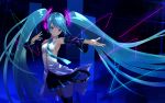  1girl abstract_background aqua_neckwear armpits arms_up bare_shoulders black_legwear black_skirt blue_eyes blue_hair blue_nails blush collared_shirt commentary_request detached_sleeves eyebrows_visible_through_hair glowing hatsune_miku headset highres long_hair long_sleeves miniskirt nail_polish necktie outstretched_arm parted_lips pleated_skirt shiny shiny_hair shirt shoulder_tattoo skirt smile solo tattoo thigh-highs twintails urata_asao very_long_hair vocaloid white_shirt wing_collar zettai_ryouiki 