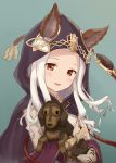  1girl :d animal animal_ears animal_hug bangs black_cloak blush brown_eyes cloak commentary_request dog ears_through_headwear fingernails forehead granblue_fantasy green_background head_tilt highres hood hood_up hooded_cloak long_hair looking_at_viewer open_mouth parted_bangs sakunohi_no_moon scathacha_(granblue_fantasy) silver_hair simple_background smile solo vambraces 