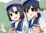  2girls admiral_(kantai_collection) black_hair blush brown_hair daitou_(kantai_collection) dress eyebrows_visible_through_hair grabbing grabbing_from_behind green_eyes hair_between_eyes hair_ribbon hand_on_another&#039;s_chest hand_on_another&#039;s_shoulder hat hiburi_(kantai_collection) kantai_collection kusaka_souji long_hair looking_at_viewer multiple_girls open_mouth ponytail red_eyes ribbon sailor_collar sailor_dress sailor_hat short_hair short_sleeves smile v white_hat 