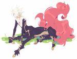  10r_(tulipano) 1boy arm_support blue_eyes centaur collar earrings fate/apocrypha fate_(series) gem grass hair_over_one_eye jewelry karna_(fate) male_focus monster_boy monsterification simple_background solo spiky_hair white_background white_hair 