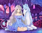  1girl bare_shoulders dress dual_persona fantasy forest horns lady_amalthea larienne long_hair nature silver_hair solo the_last_unicorn the_unicorn_(the_last_unicorn) unicorn violet_eyes 
