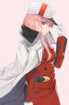  1girl closed_mouth darling_in_the_franxx gloves green_eyes hat highres hikashou long_hair looking_at_viewer military military_uniform pink_background pink_hair profile simple_background solo uniform white_gloves zero_two_(darling_in_the_franxx) 