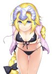  1girl bikini black_bikini black_bow blonde_hair blue_eyes bow breasts cowboy_shot crossed_arms dabuki fate/apocrypha fate/grand_order fate_(series) front-tie_top hair_bow headpiece highres jacket jeanne_d&#039;arc_(fate) jeanne_d&#039;arc_(fate)_(all) large_breasts leaning_forward long_braid looking_at_viewer pink_jacket simple_background solo swimsuit thigh_gap white_background 