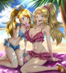  2girls beach bikini blonde_hair blue_bikini blue_eyes blue_sky breast_envy breasts cleavage day dual_persona food frilled_bikini frills front-tie_top highres huge_breasts long_hair multiple_girls nail_polish navel ocean outdoors palm_tree pokemon pokemon_(game) pokemon_xy pokemon_xy_(anime) popsicle purple_bikini sand sandals serena_(pokemon) sky smile strap_gap swimsuit takecha 